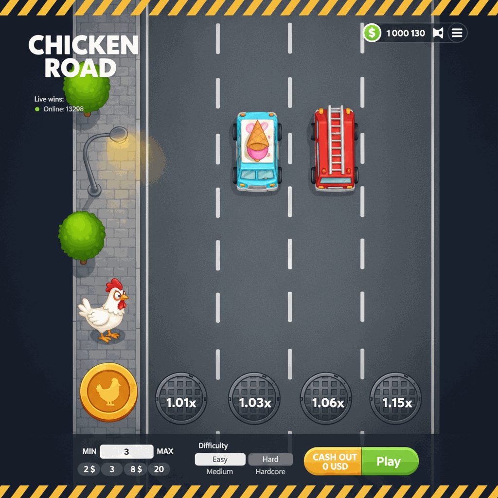 Chicken Road crash game interface showing a white cartoon chicken character standing on a grey urban sidewalk next to a multi-lane road with white dashed lane dividers, manhole cover multiplier markers on each lane displaying values like 1.01x through 1.15x, live wins ticker in top left corner, and dark control panel at bottom with bet amount field and green Start button